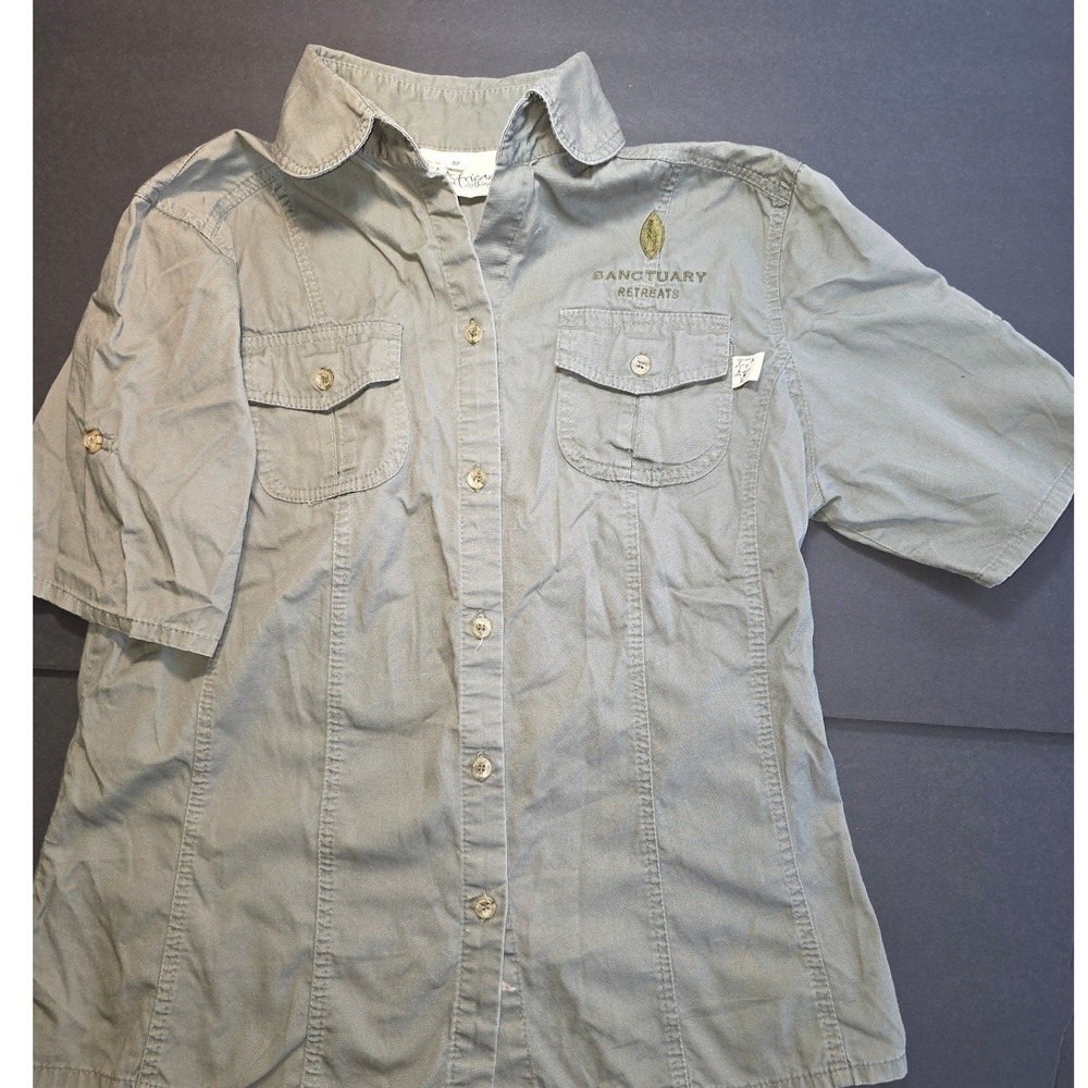 African Tusk Button Up Shirt Womens 32 Grey Sanctuary Retreats Safari Top